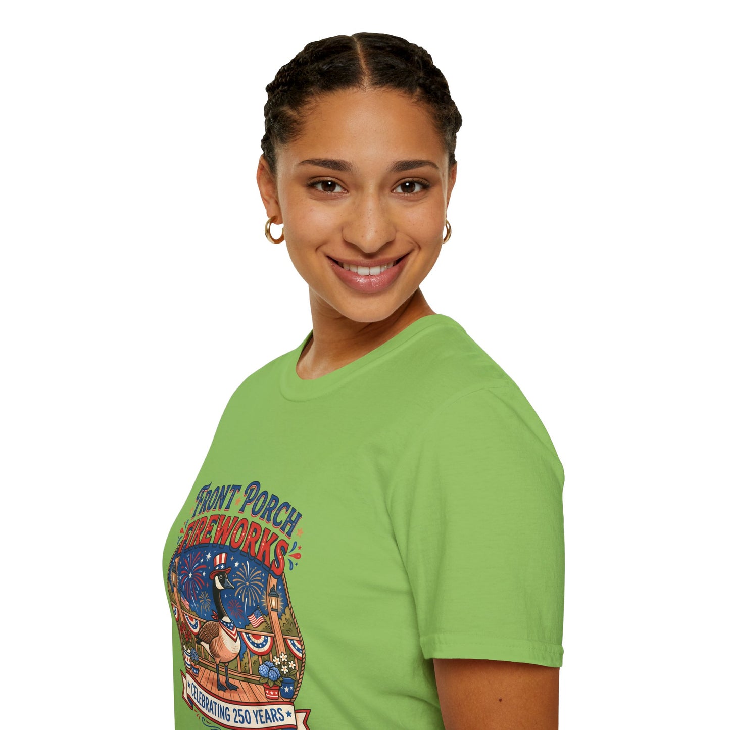 Front Porch Fireworks, Goose T-Shirt — Patriotic 4th of July Celebration Tee