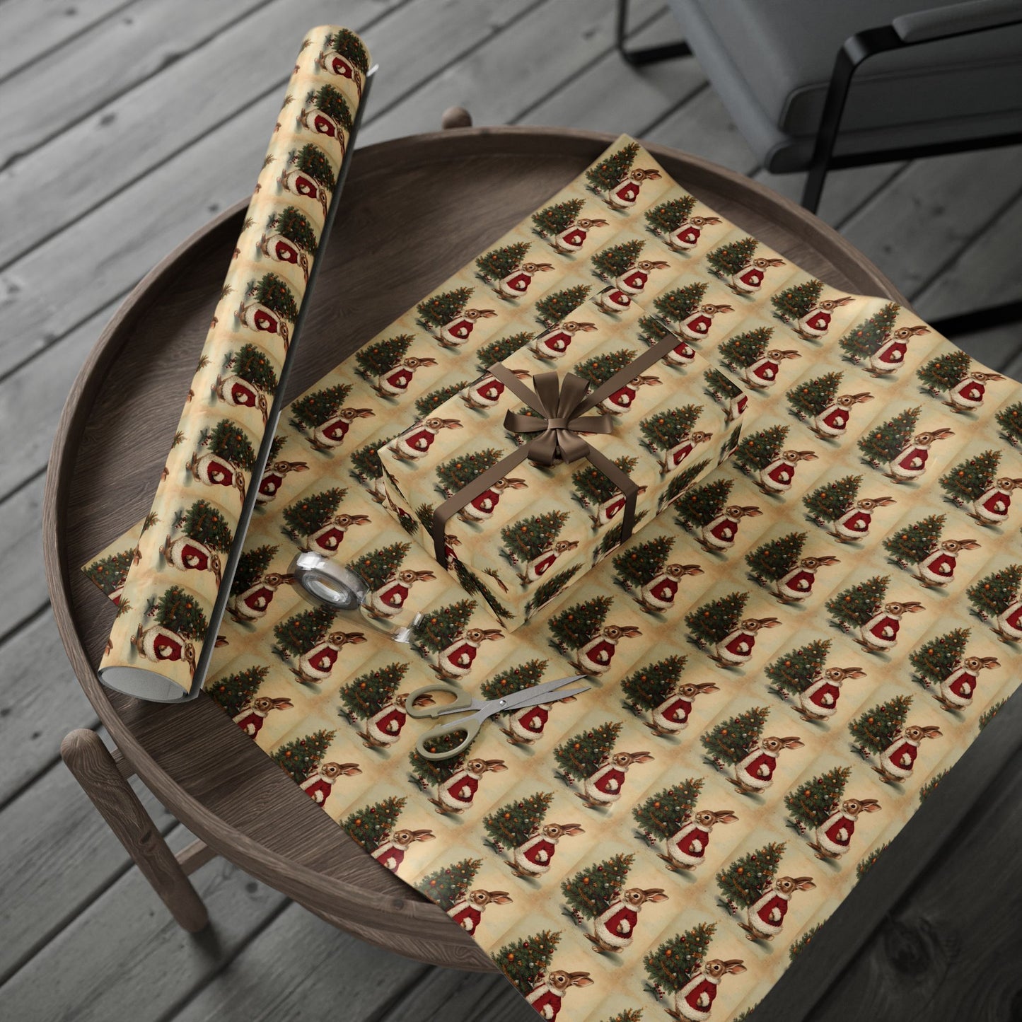 Vintage Christmas Wrapping Paper Roll - Vintage Holiday Gift Wrap with Bunny Design