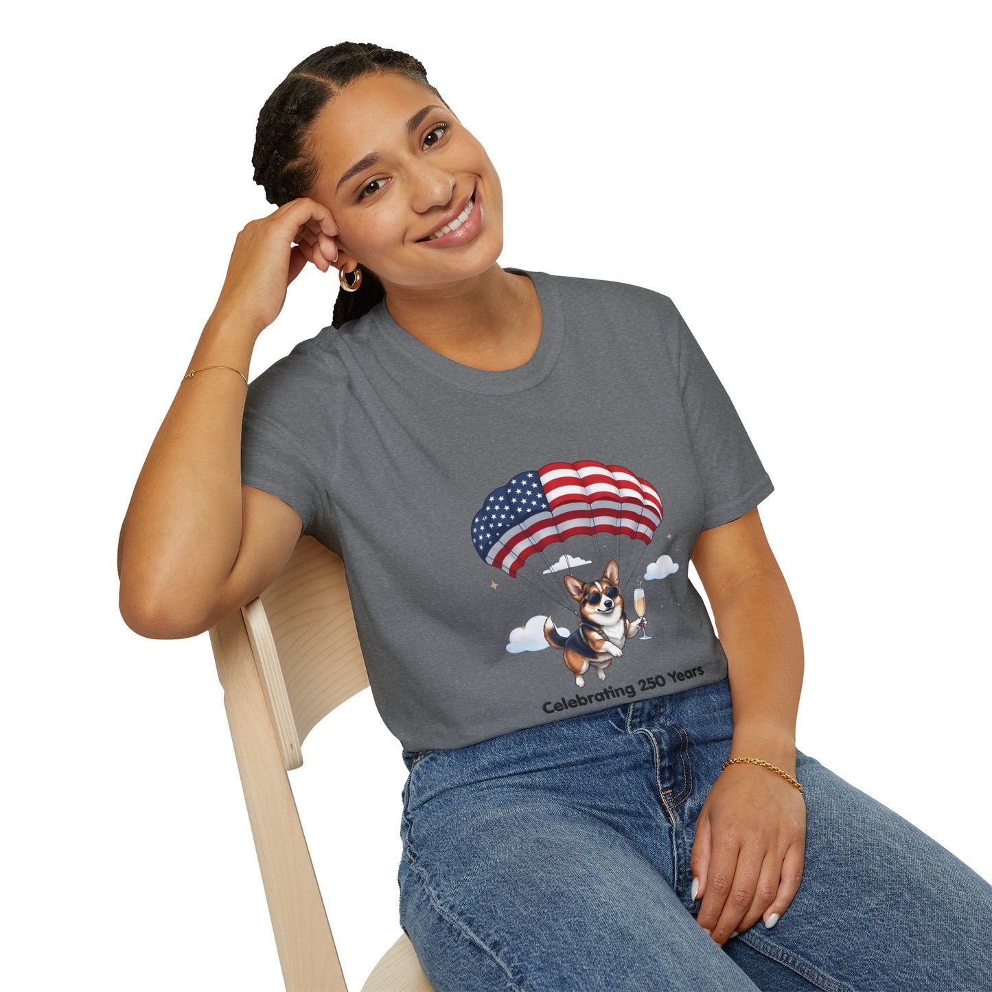 Corgi Parachute American Flag T-Shirt — "Celebrating 250 Years" Patriotic Tee