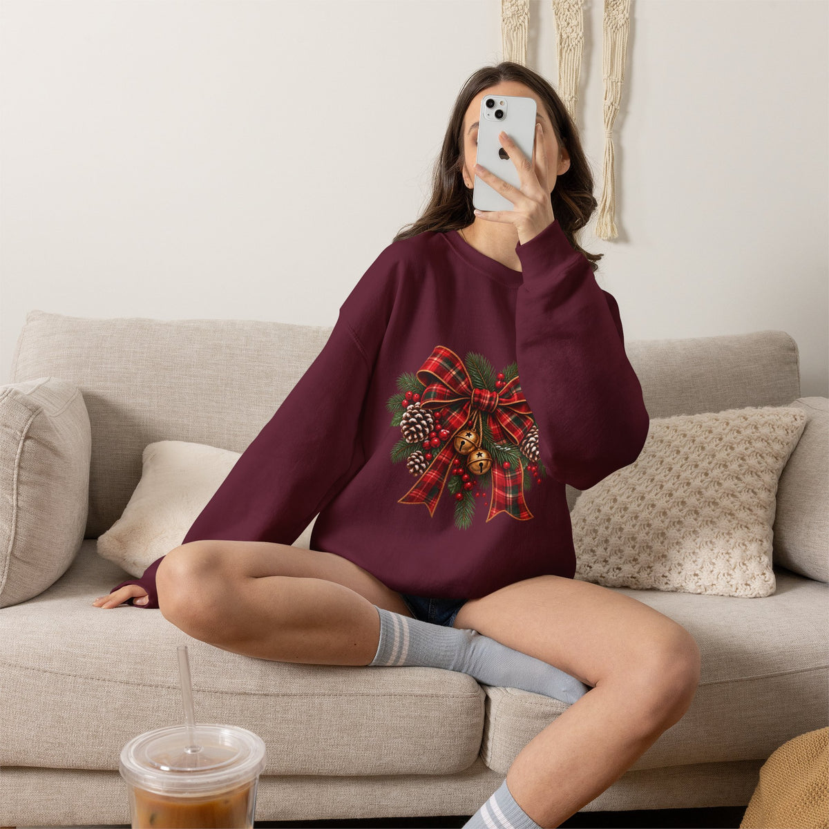 Christmas Plaid Bow Sweatshirt - Holiday Pinecone & Jingle Bells Crewneck