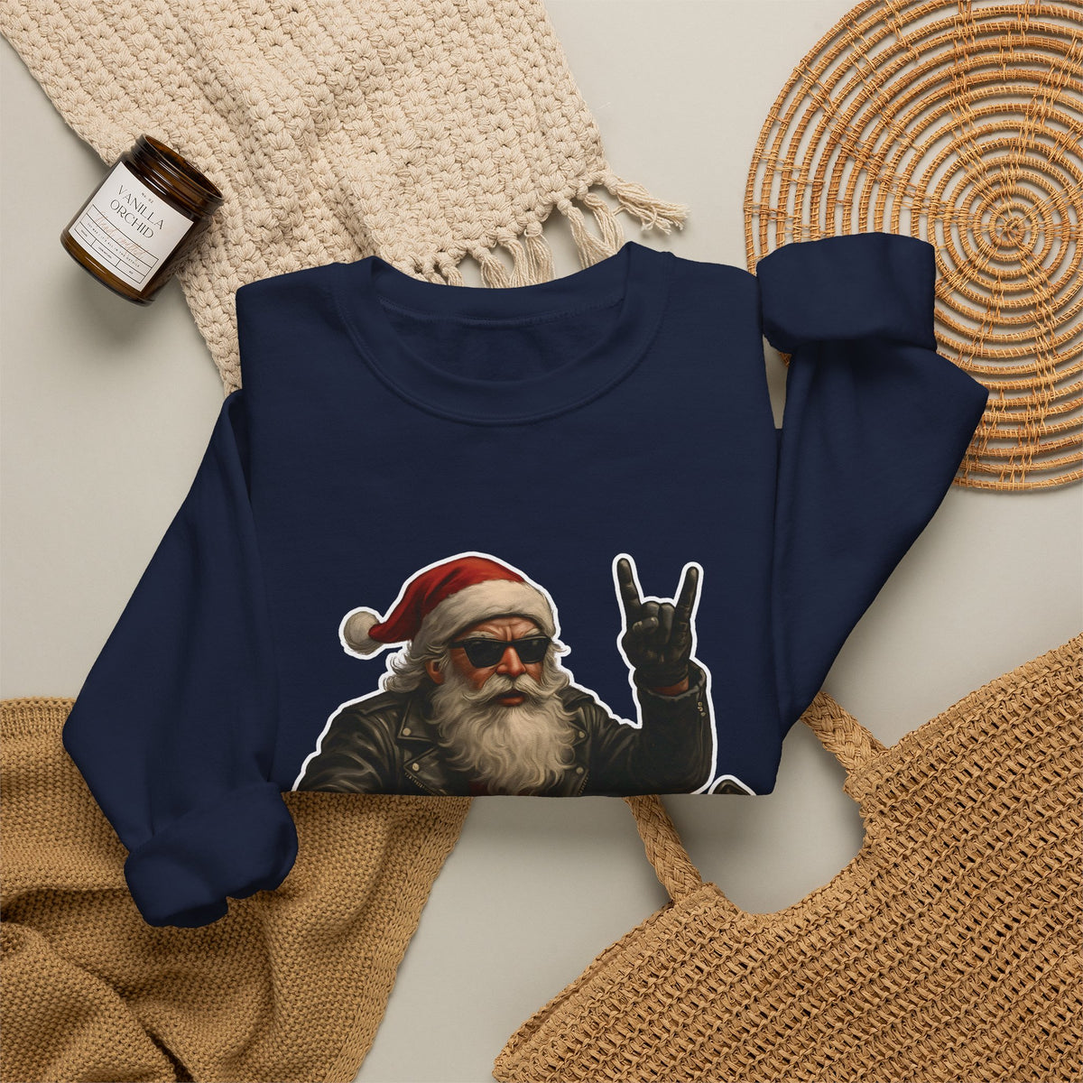 Santa Biker Crewneck Sweatshirt – 'Ho Ho Hell Yeah' Christmas Motorcycle Pullover