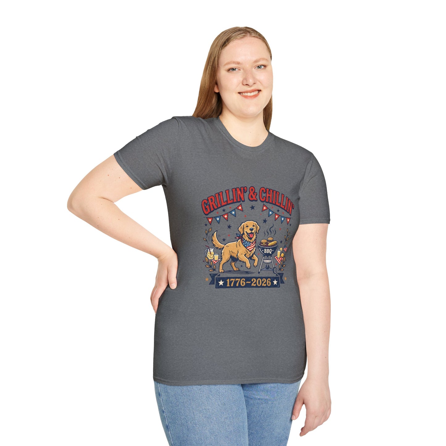 Grillin' & Chillin' BBQ Dog T-Shirt — 1776-2026 Patriotic Summer Tee, 4th of July Shirt, Independence Day Tee
