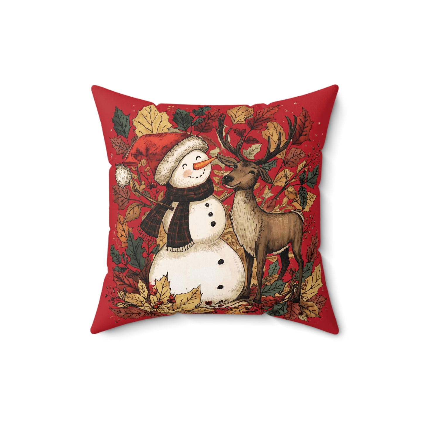 Christmas Snowman & Reindeer Decorative Pillow — Red Holiday Throw Cushion