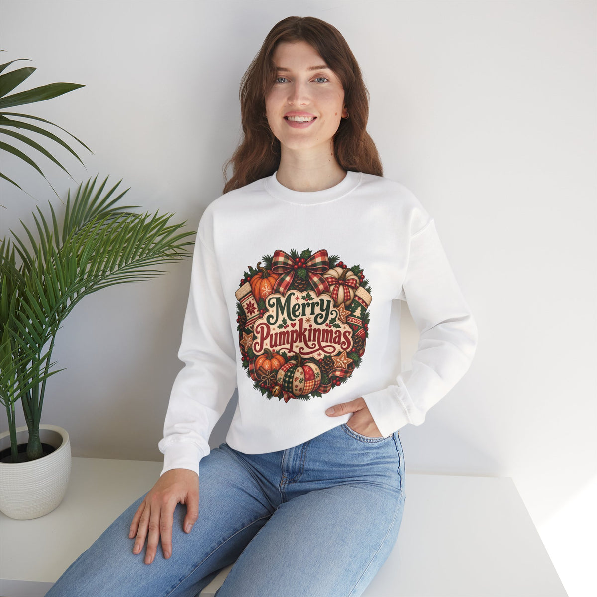 Merry Pumpkinmas Sweatshirt — Holiday Pumpkin Wreath Crewneck