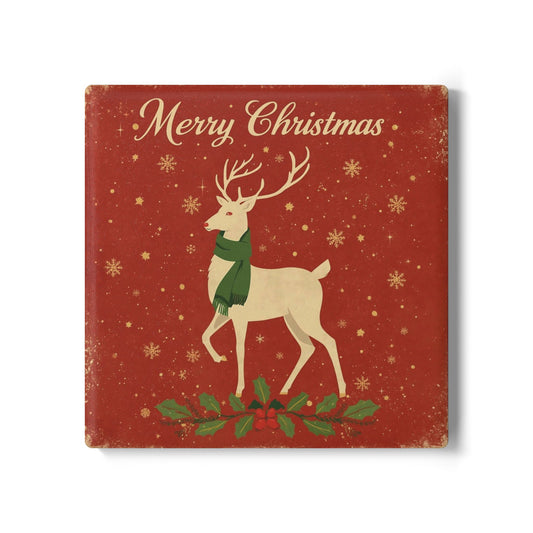 Vintage Christmas Ceramic Coaster — Holiday Drink Coaster with Reindeer