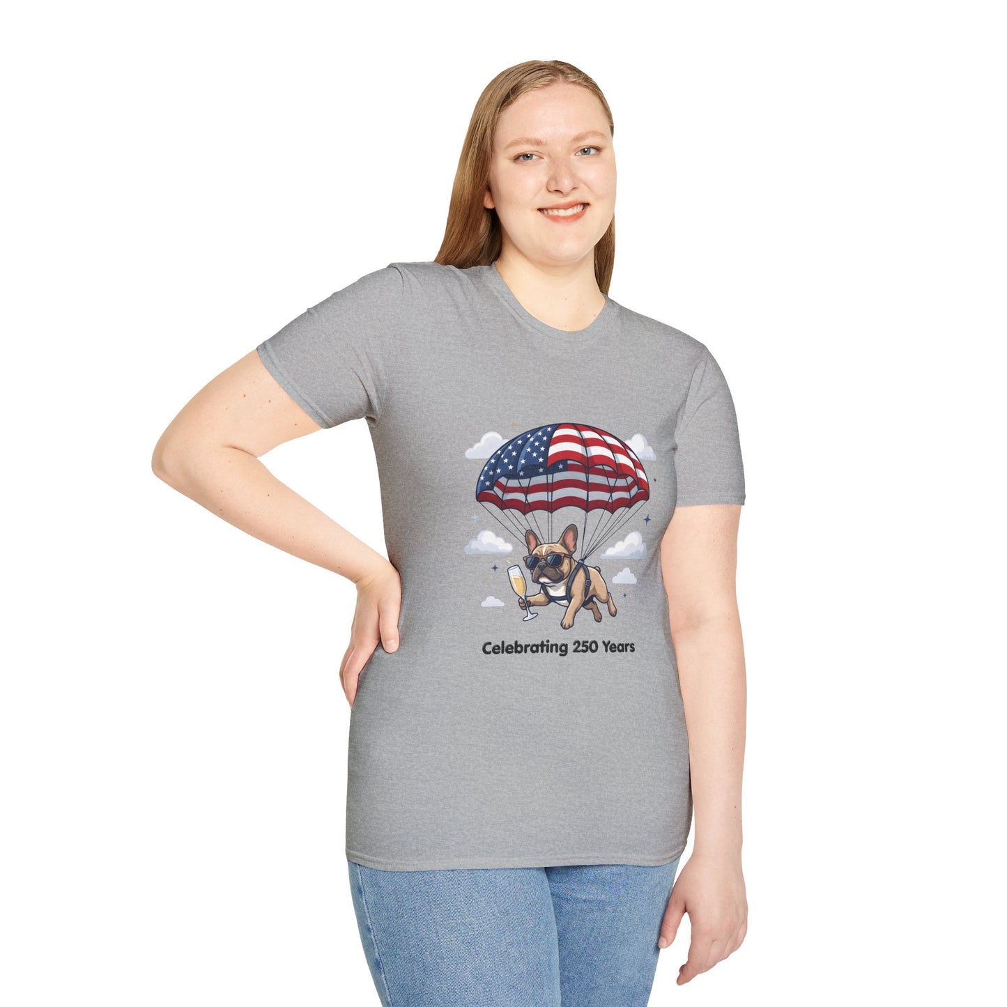 Patriotic French Bulldog T-Shirt — "Celebrating 250 Years" Parachute Design