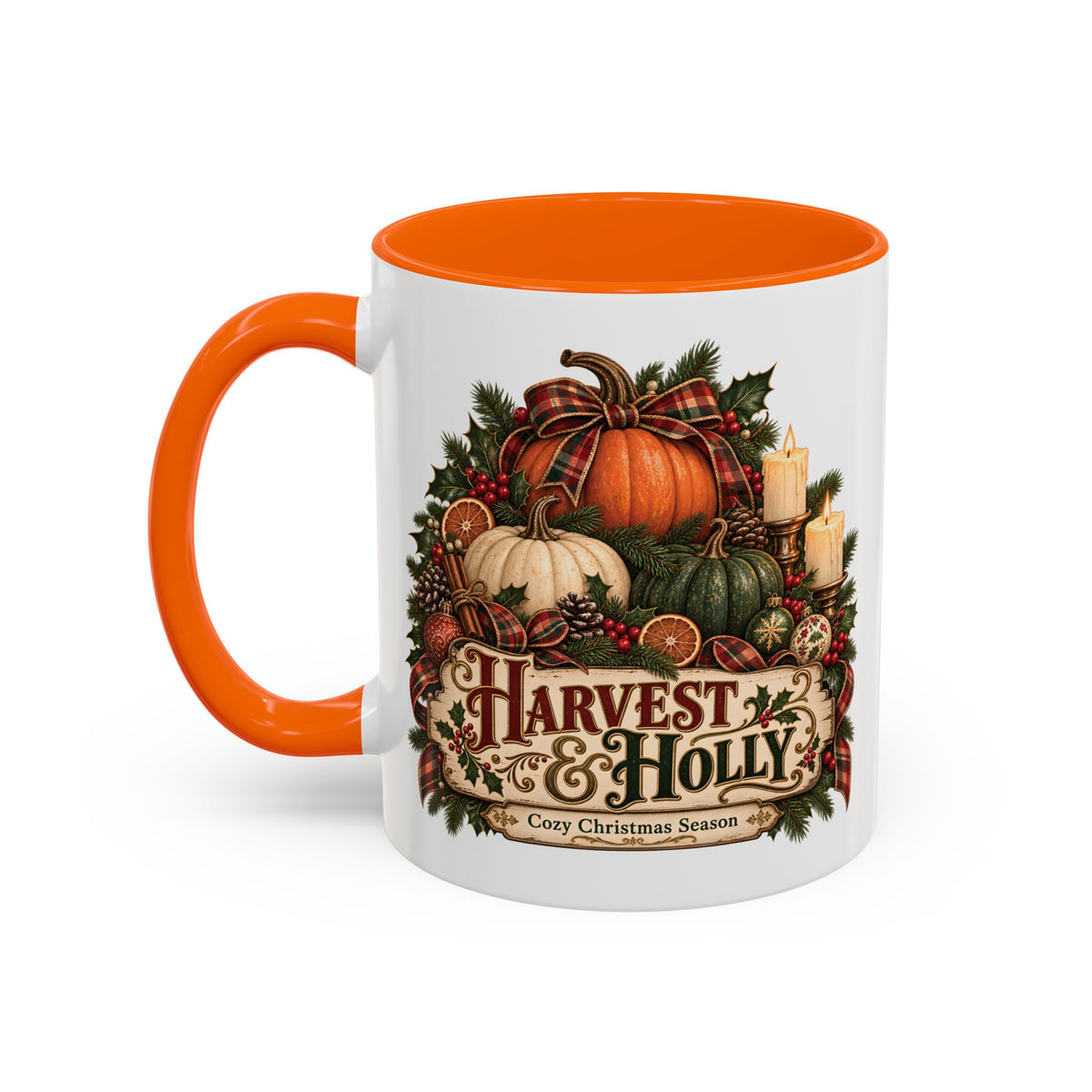 Harvest & Holly Accent Coffee Mug - Vintage Christmas Holiday Mug (11 oz)