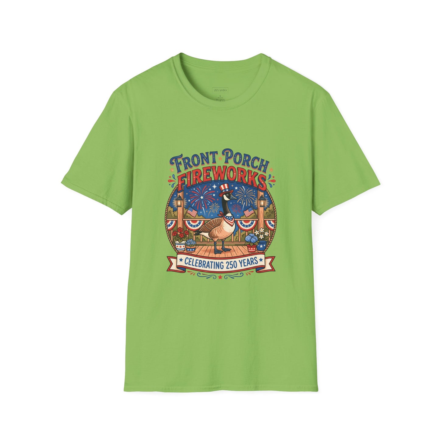 Front Porch Fireworks, Goose T-Shirt — Patriotic 4th of July Celebration Tee