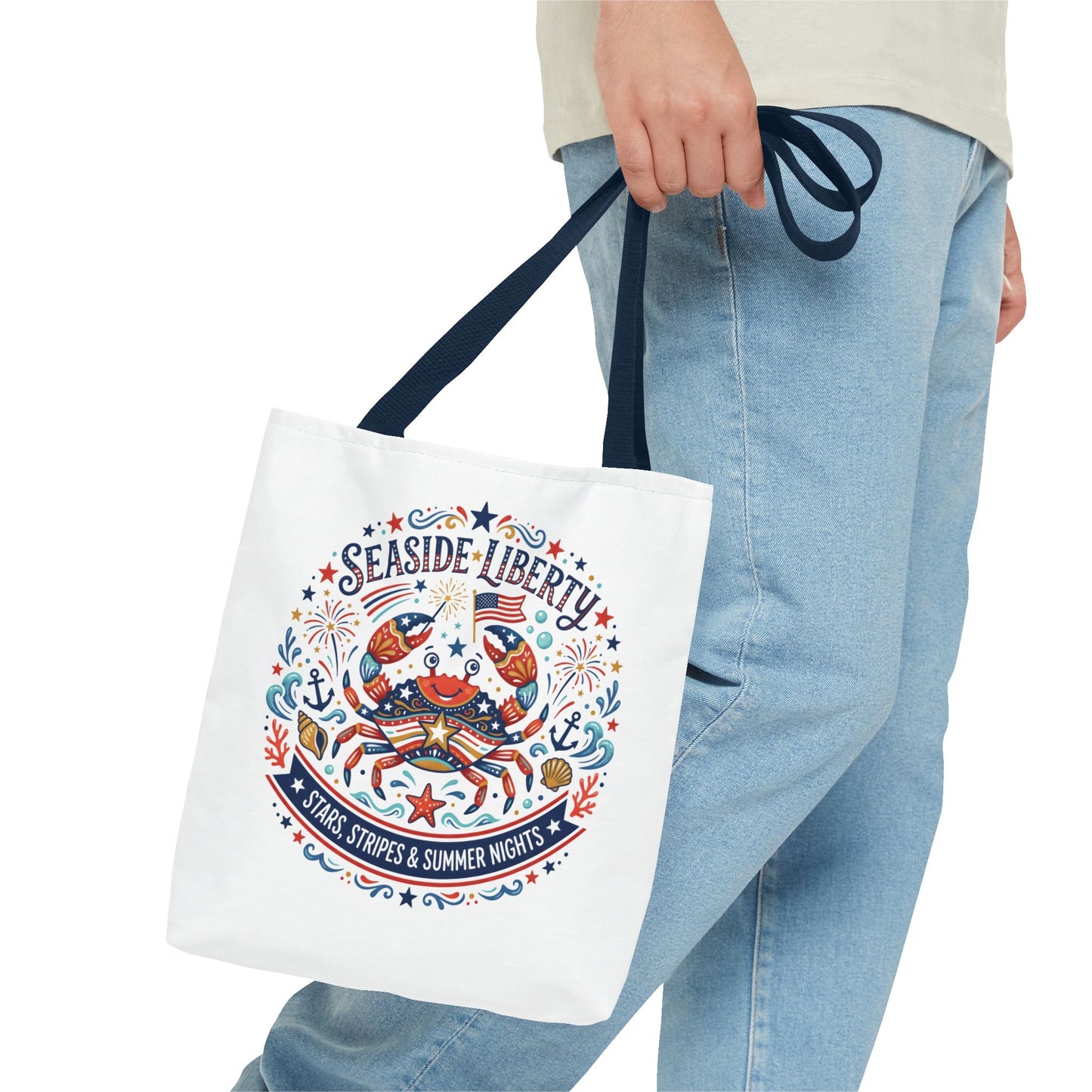 Seaside Liberty Tote Bag — 4th of July, Patriotic Bag "Stars, Stripes & Summer Nights"