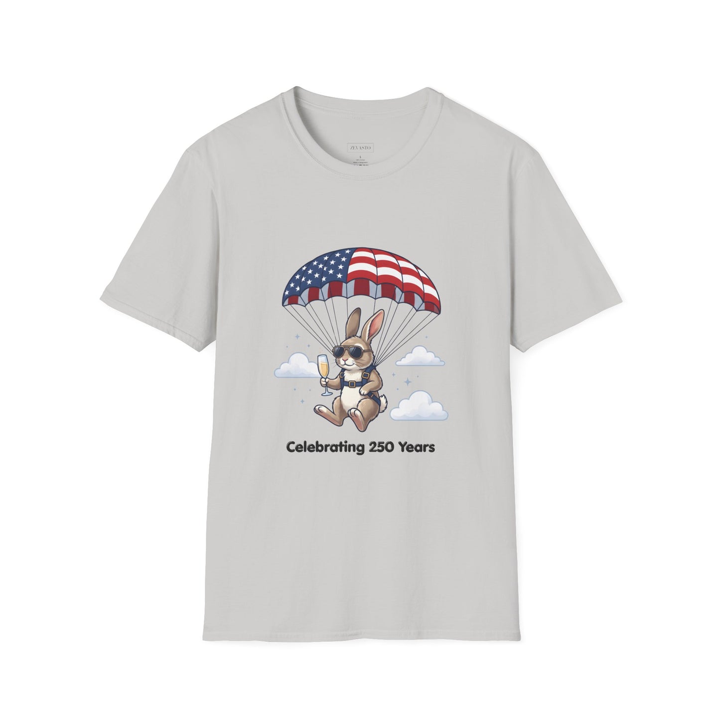Patriotic Parachuting Bunny T-Shirt — "Celebrating 250 Years"