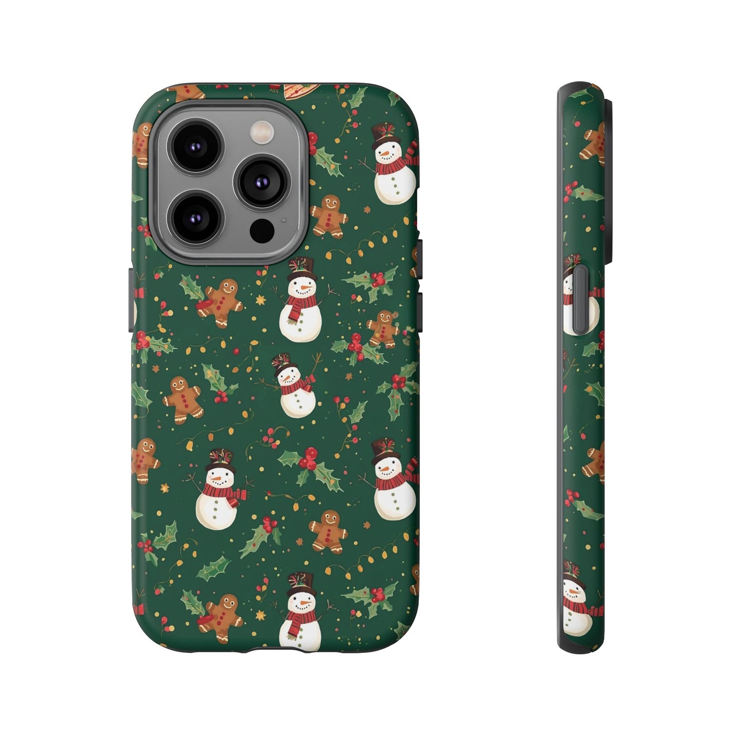 Christmas Phone Case with Snowmen and Gingerbread Design, Dual Layer Phone Case for Iphone 17, 16, 15, 14, 13, 12, 11 & Samsung