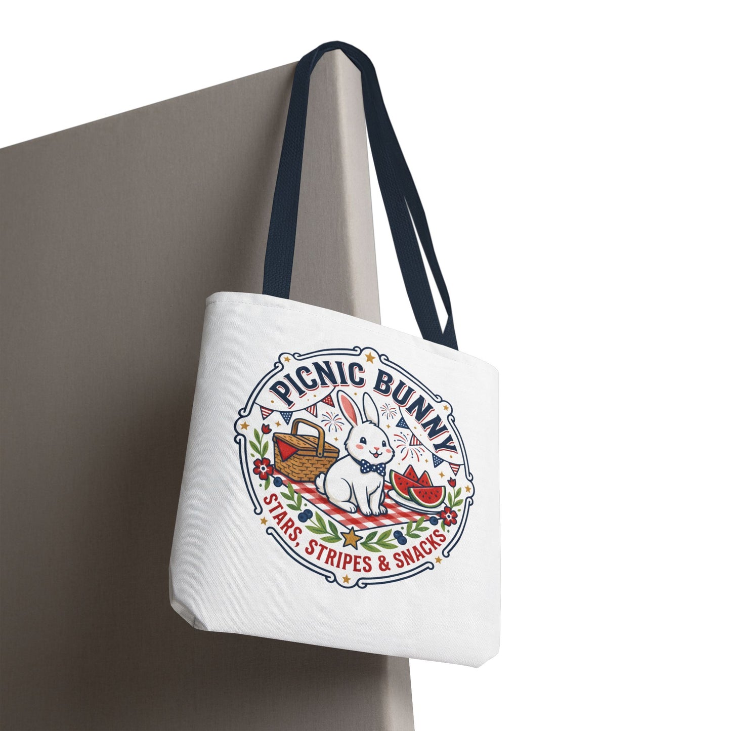 Patriotic Picnic Bunny Tote Bag — ‘Stars, Stripes & Snacks’ Cute Rabbit Picnic Tote, 4th of July Tote