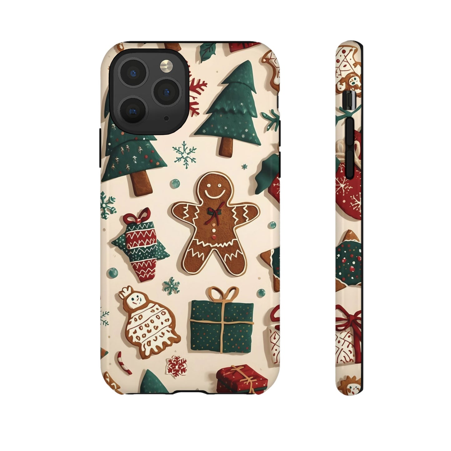 Christmas Phone Case with Gingerbread and Christmas Tree Design, Dual Layer Case for Iphone 17, 16, 15, 14, 13, 12, 11 & Samsung