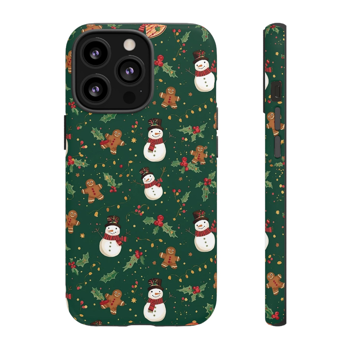 Christmas Phone Case with Snowmen and Gingerbread Design, Dual Layer Phone Case for Iphone 17, 16, 15, 14, 13, 12, 11 & Samsung