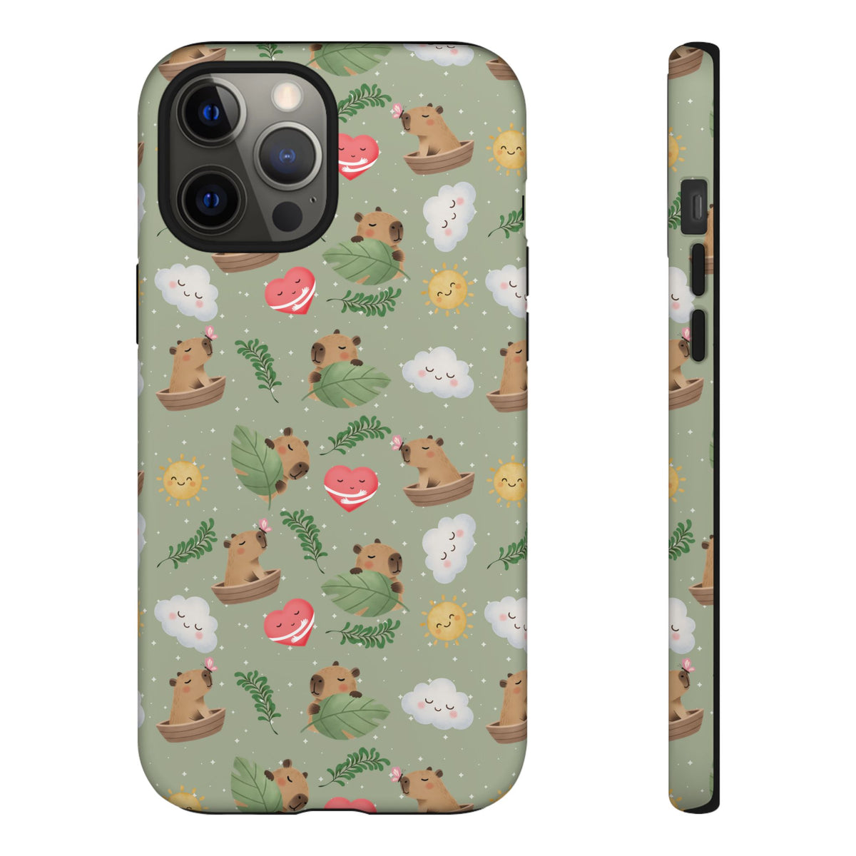 Cute Capybara Pattern Phone Case — Green Botanical Tough Case