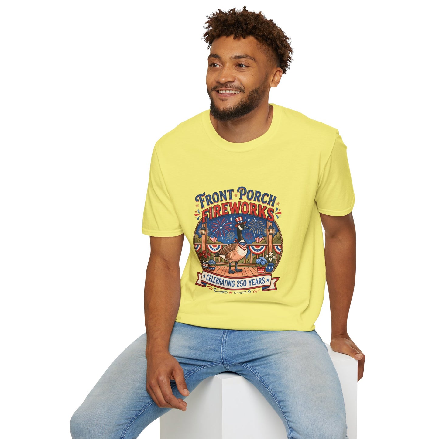 Front Porch Fireworks, Goose T-Shirt — Patriotic 4th of July Celebration Tee