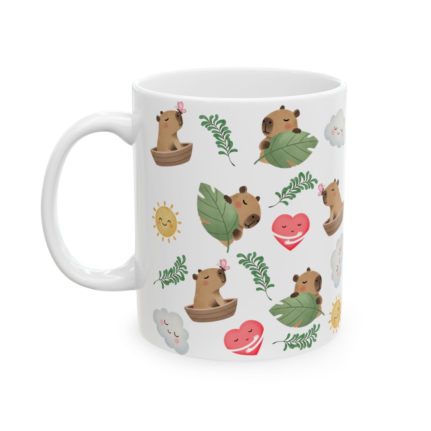 Cute Capybara Pattern Ceramic Mug — Whimsical Sun, Clouds & Leaf Design (11oz)