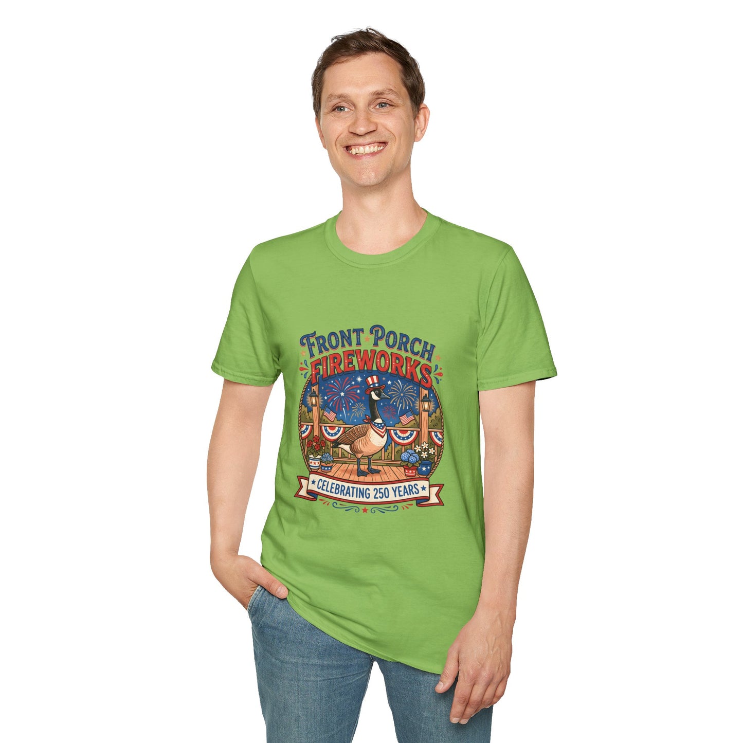 Front Porch Fireworks, Goose T-Shirt — Patriotic 4th of July Celebration Tee