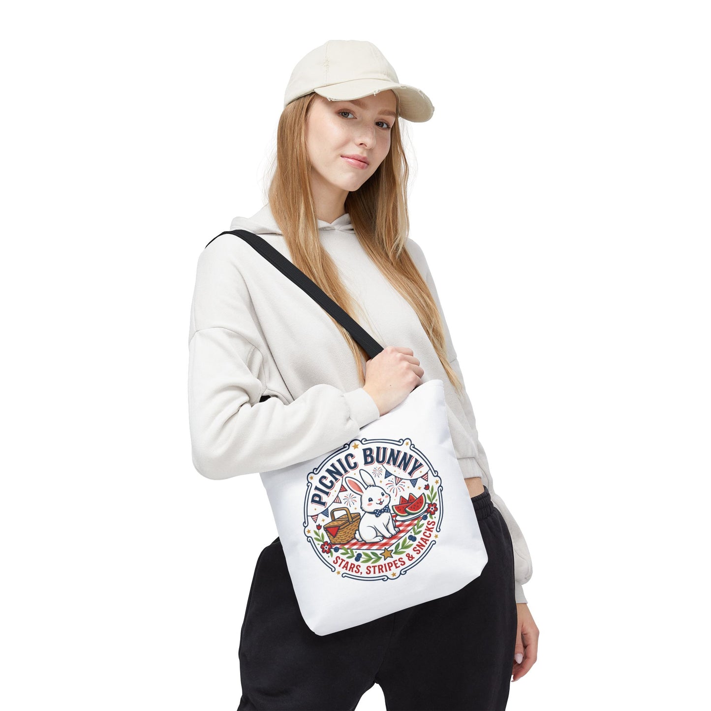 Patriotic Picnic Bunny Tote Bag — ‘Stars, Stripes & Snacks’ Cute Rabbit Picnic Tote, 4th of July Tote