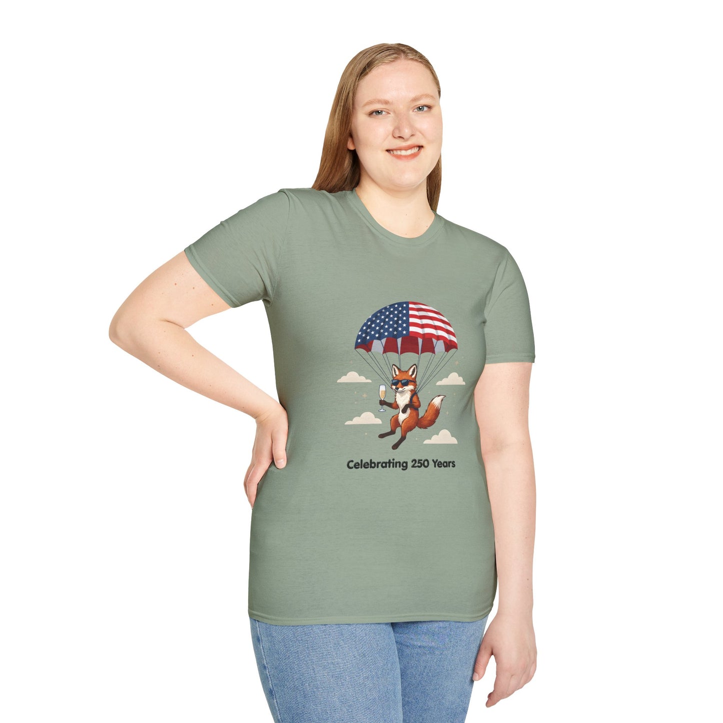Patriotic Fox Parachute T-Shirt — "Celebrating 250 Years" Anniversary Tee