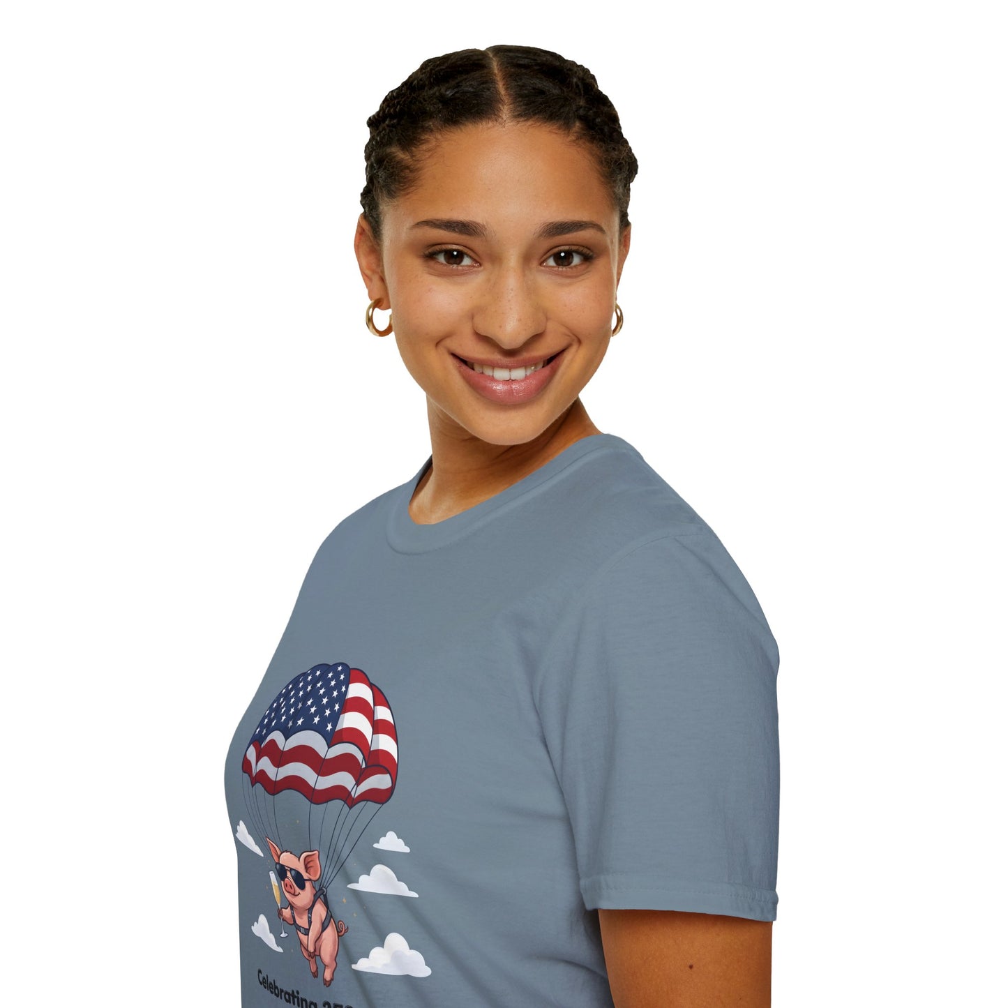 Patriotic Parachuting Piglet T-shirt - “Celebrating 250 Years”