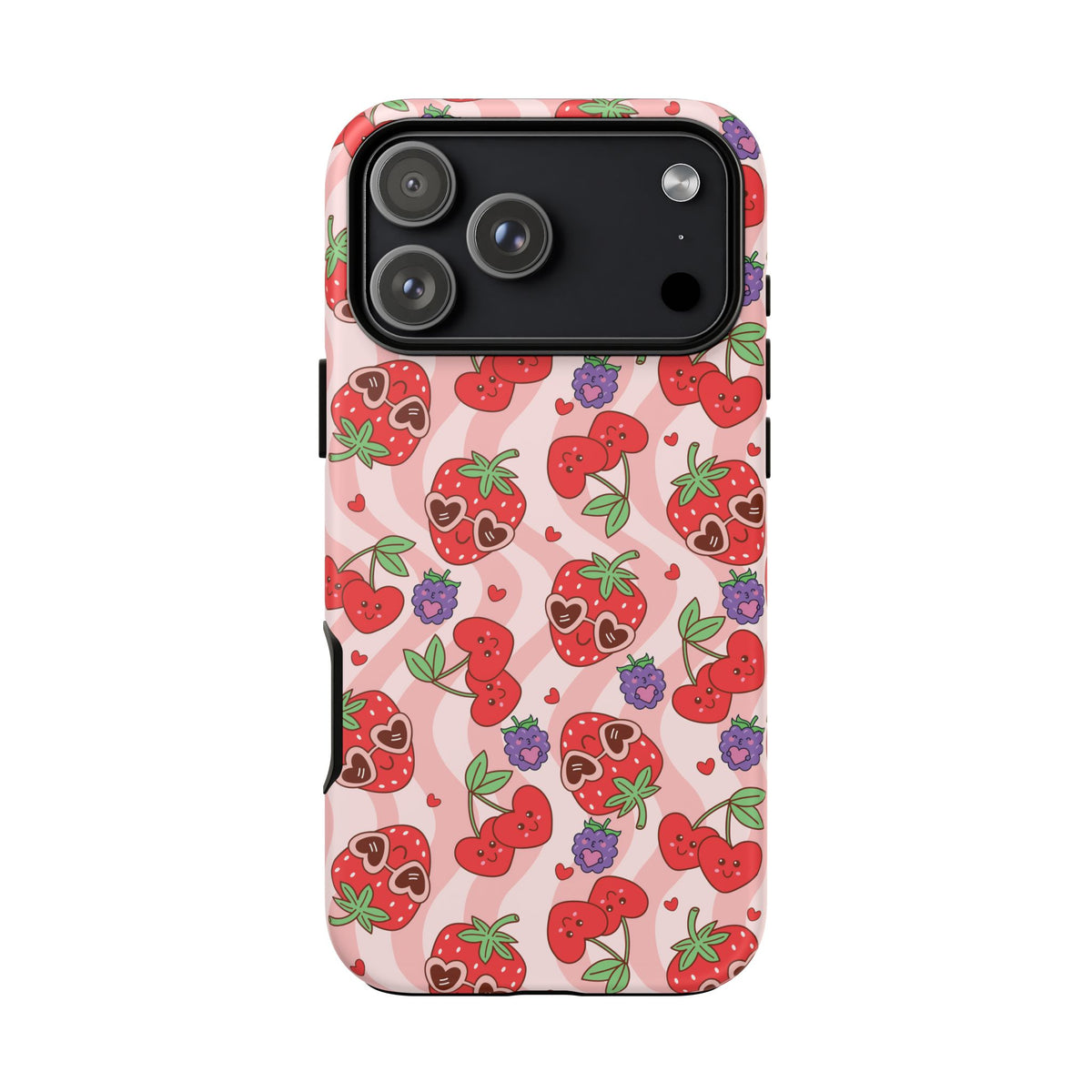 Cute Kawaii Strawberry & Cherry Phone Case — Pink Fruit Pattern Protective Case