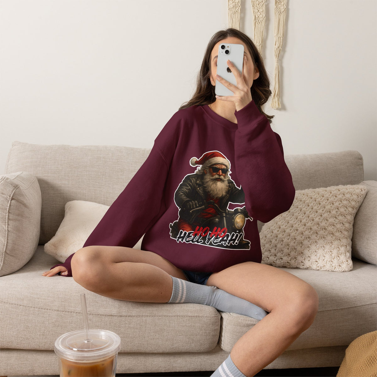 Santa Biker Crewneck Sweatshirt – 'Ho Ho Hell Yeah' Christmas Motorcycle Pullover
