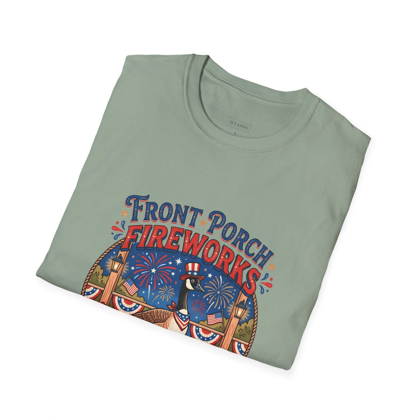 Front Porch Fireworks, Goose T-Shirt — Patriotic 4th of July Celebration Tee