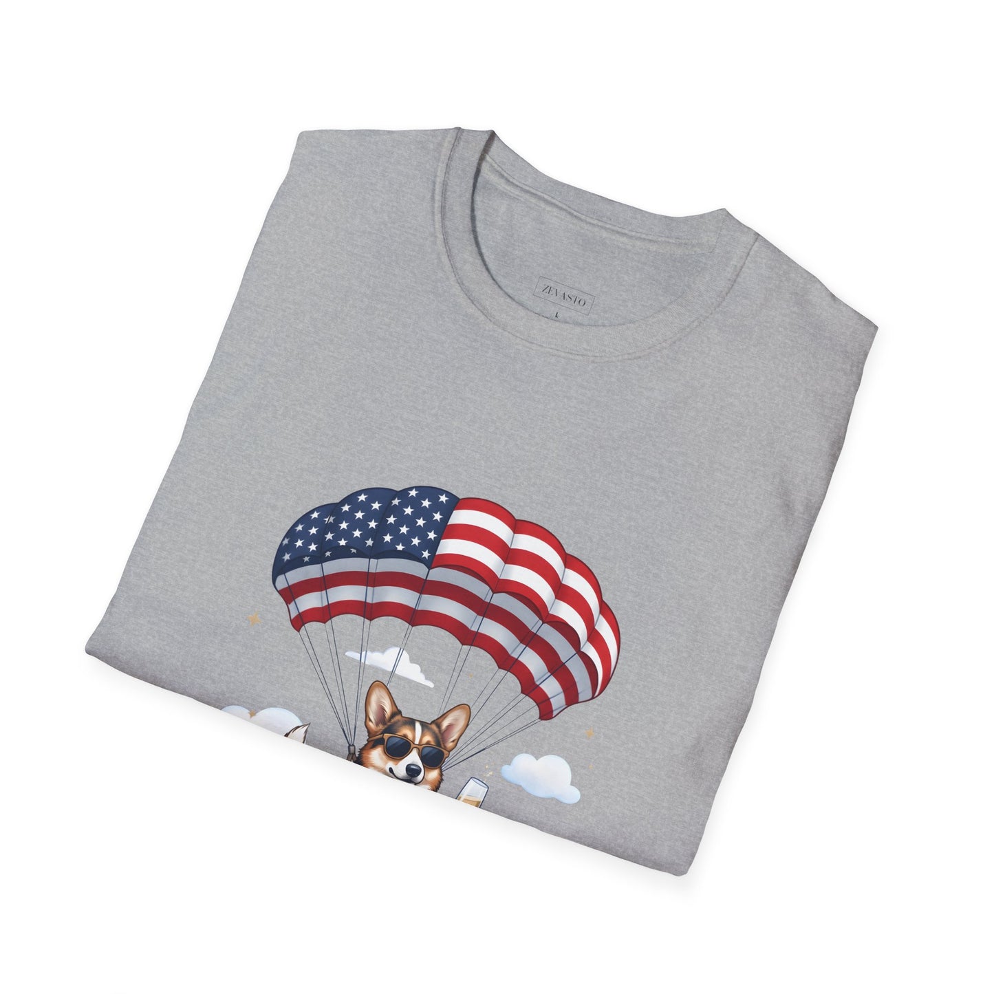 Corgi Parachute American Flag T-Shirt — "Celebrating 250 Years" Patriotic Tee