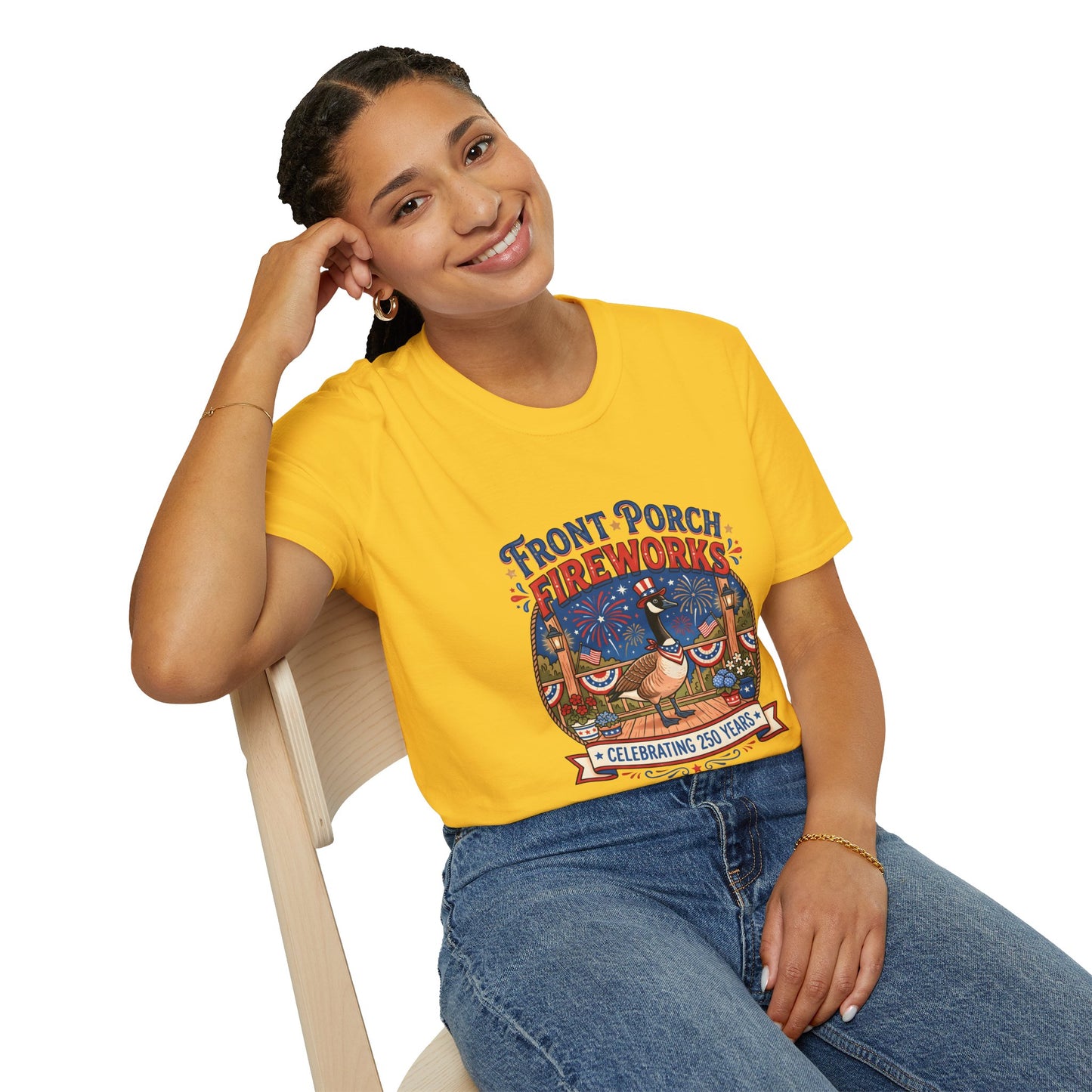 Front Porch Fireworks, Goose T-Shirt — Patriotic 4th of July Celebration Tee