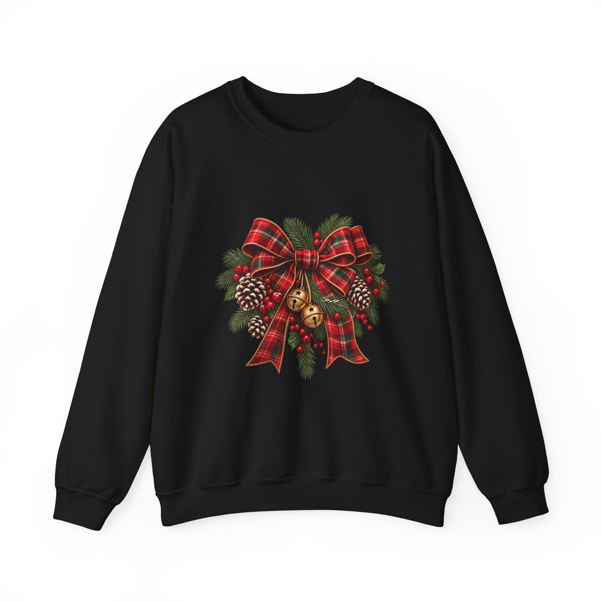 Christmas Plaid Bow Sweatshirt - Holiday Pinecone & Jingle Bells Crewneck
