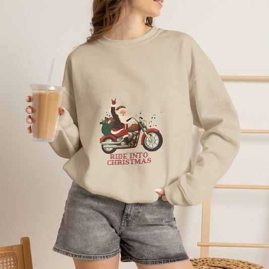 Christmas Motorcycle Sweatshirt - "Ride Into Christmas" Santa Biker Holiday Crewneck