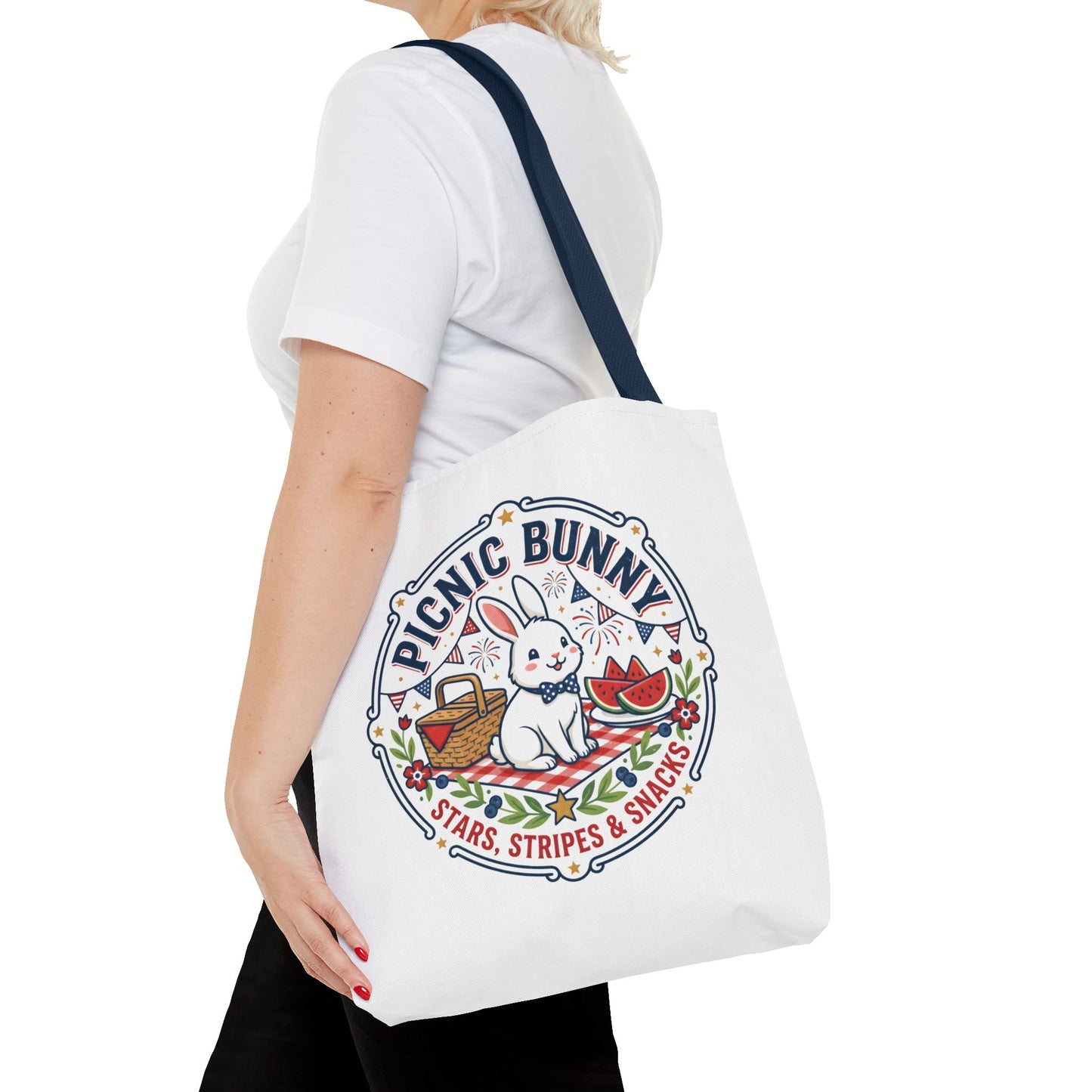 Patriotic Picnic Bunny Tote Bag — ‘Stars, Stripes & Snacks’ Cute Rabbit Picnic Tote, 4th of July Tote