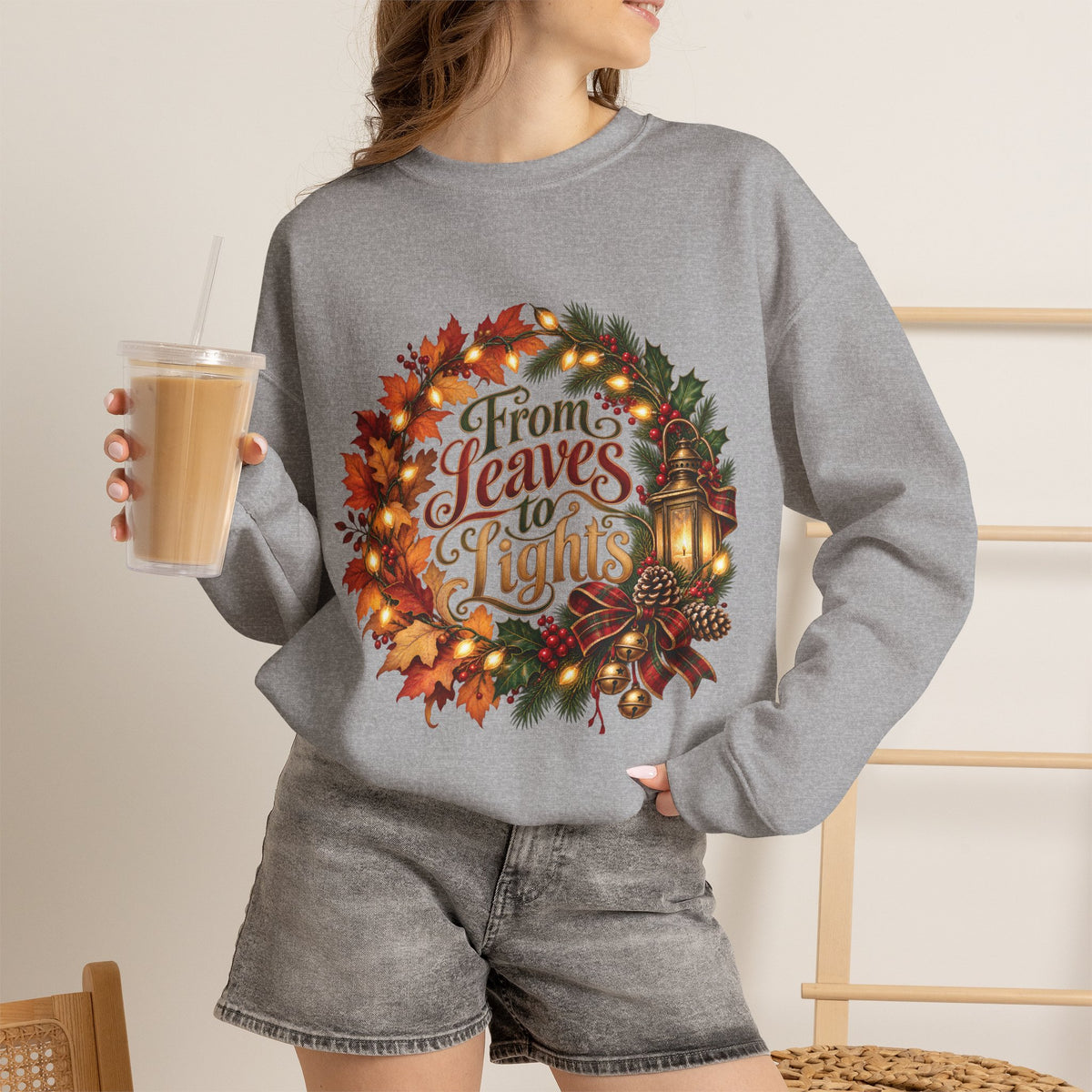 Christmas Crewneck Sweatshirt — "From Leaves to Lights" Autumn to Holiday Wreath Design