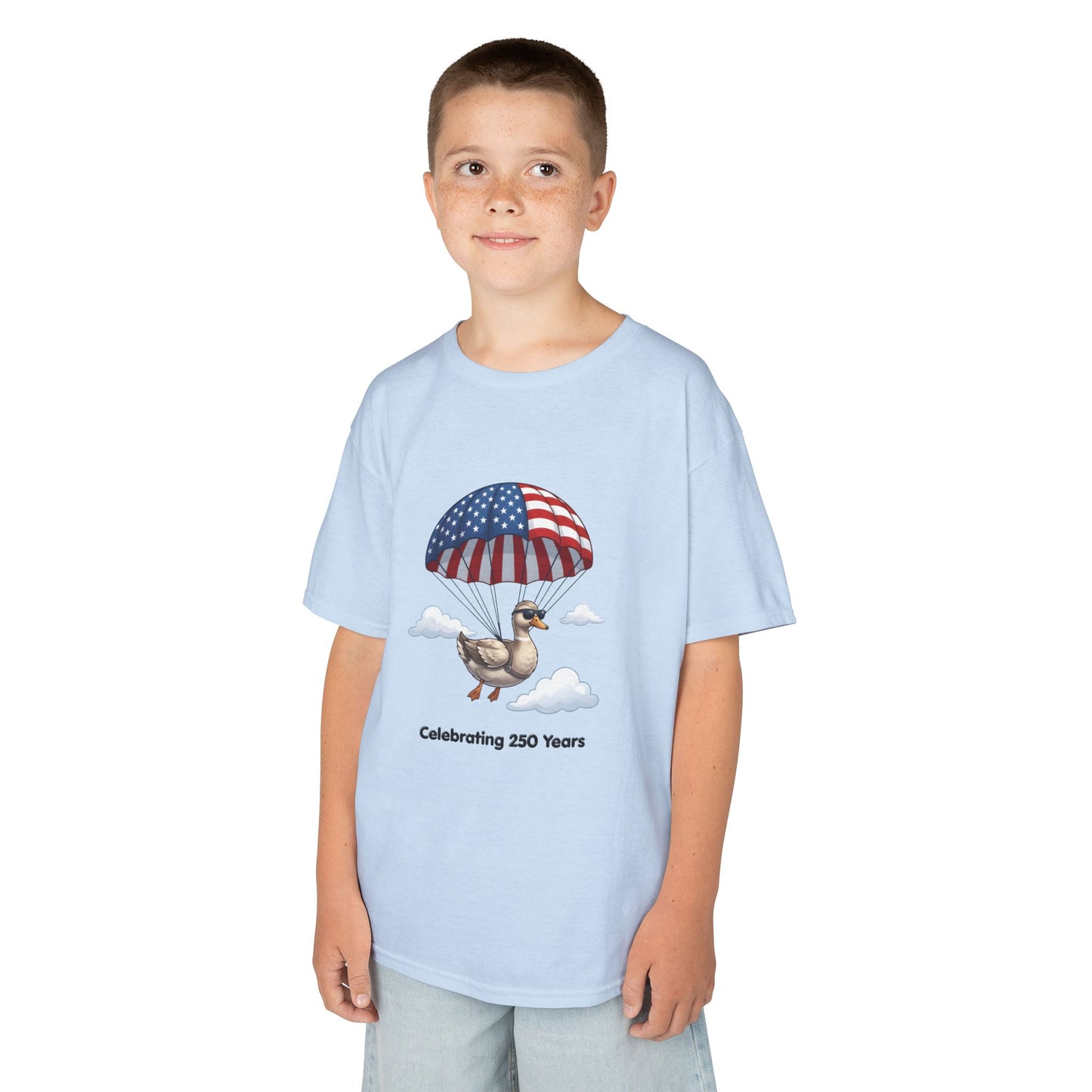Kids Tee — Parachuting Duck, "Celebrating 250 Years"