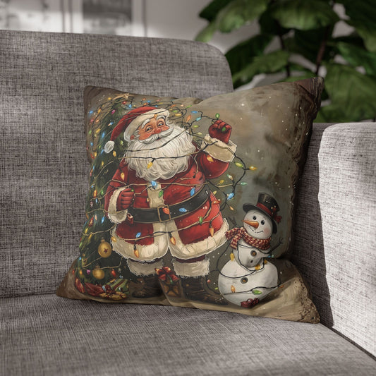 Vintage Santa & Snowman Christmas Throw Pillowcase — Square Holiday Decorative Cover