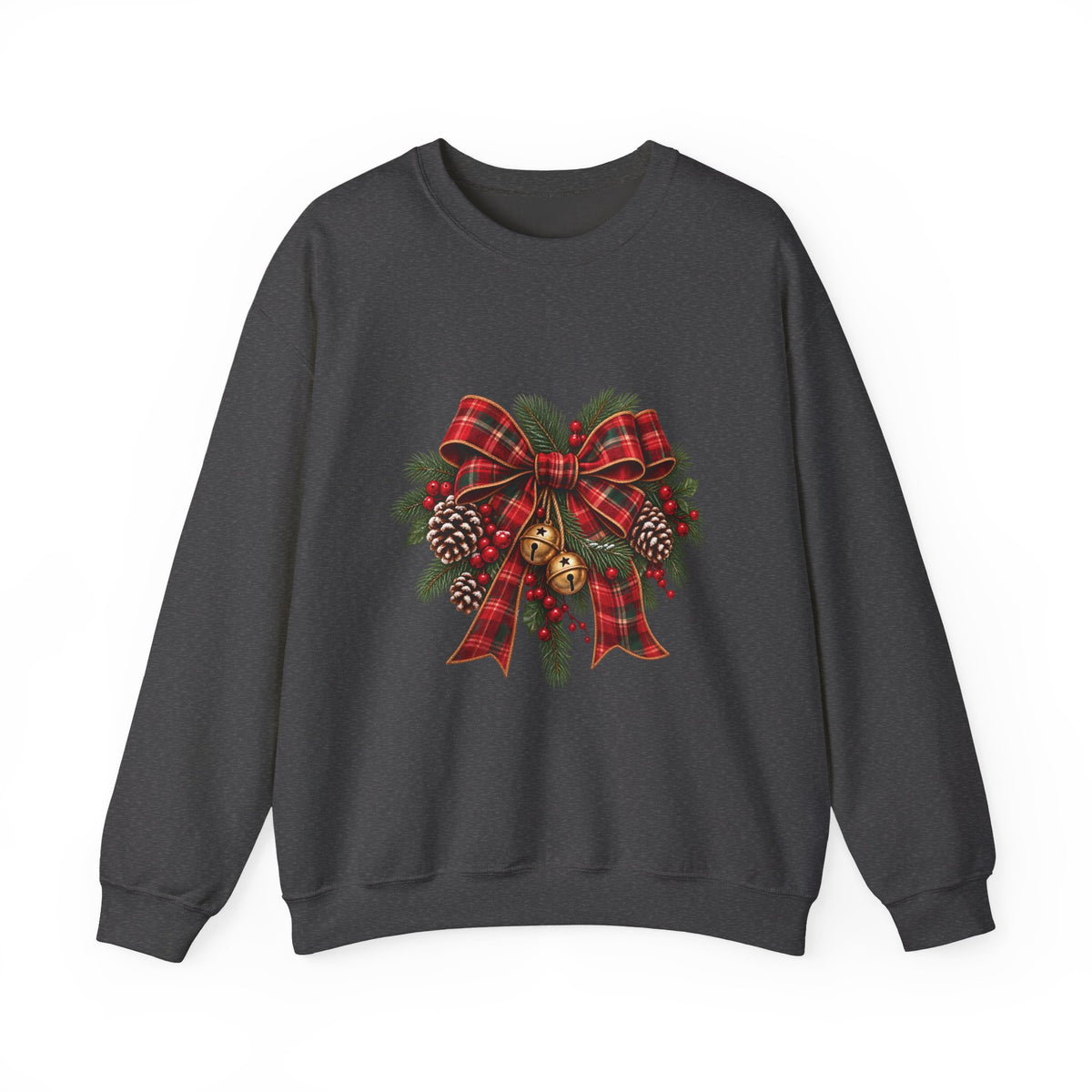 Christmas Plaid Bow Sweatshirt - Holiday Pinecone & Jingle Bells Crewneck