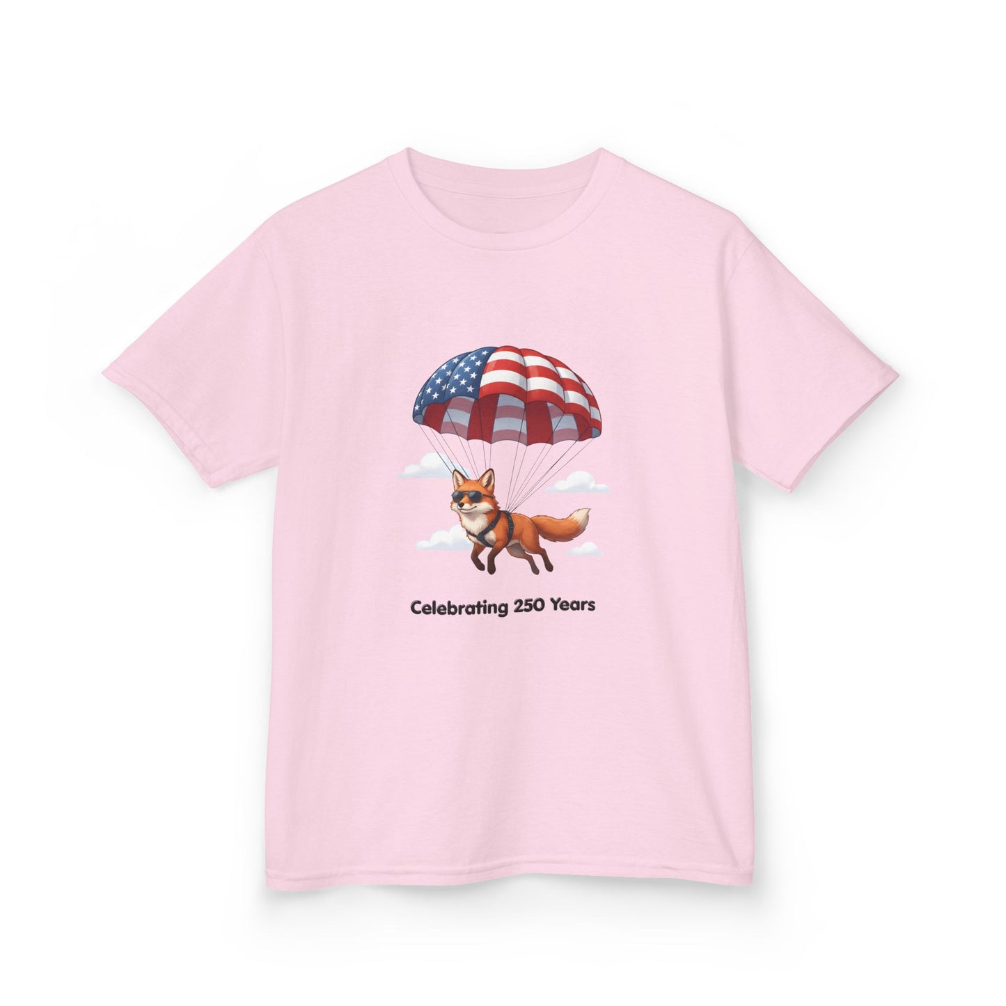 Kids Tee — Patriotic Fox with Parachute - “Celebrating 250 Years”
