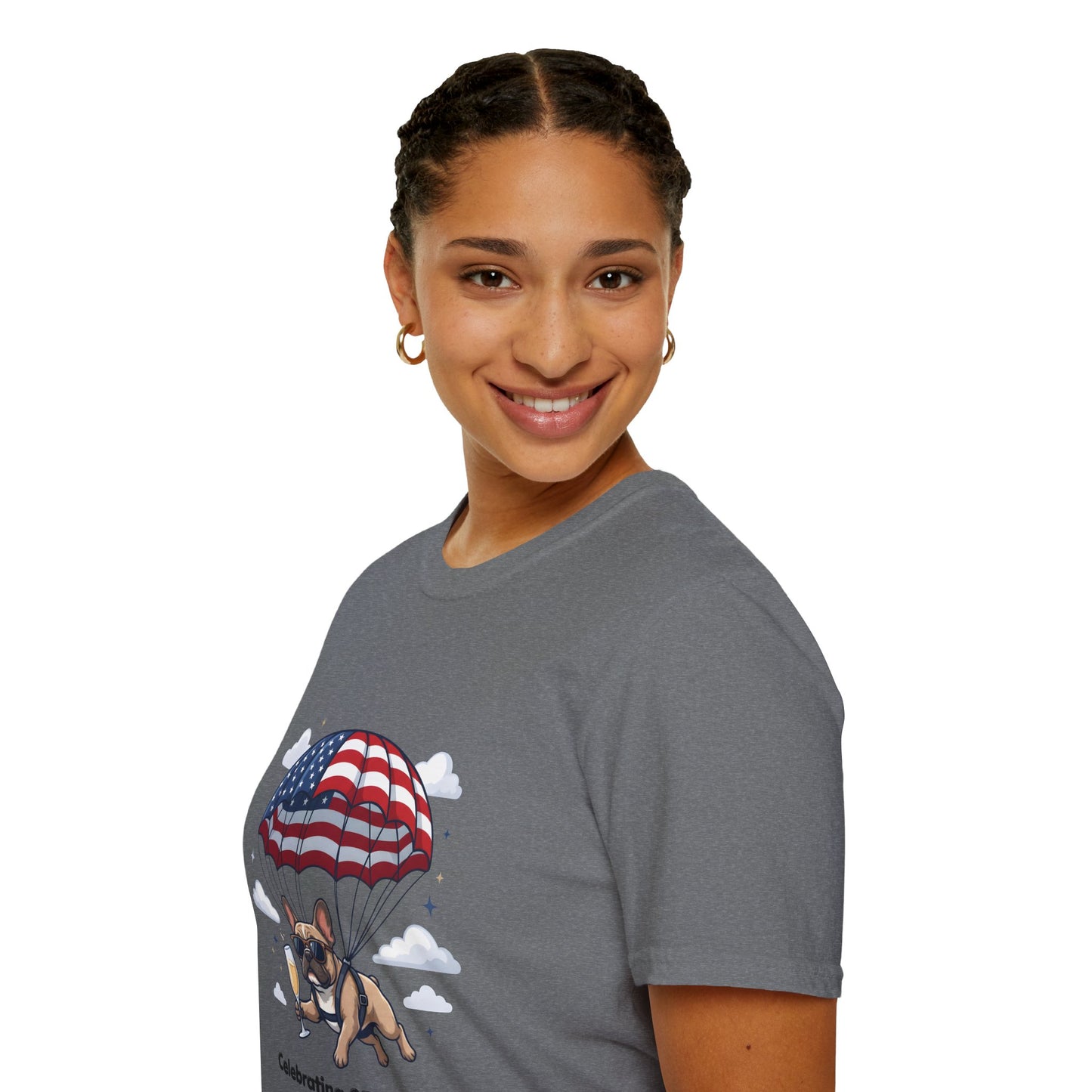 Patriotic French Bulldog T-Shirt — "Celebrating 250 Years" Parachute Design
