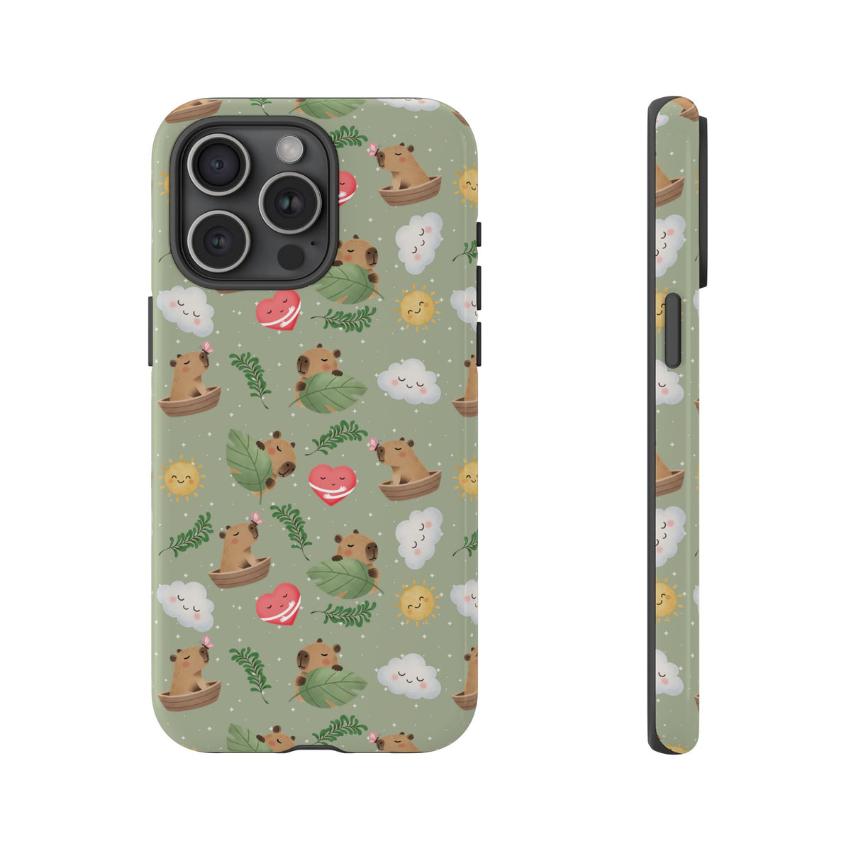 Cute Capybara Pattern Phone Case — Green Botanical Tough Case