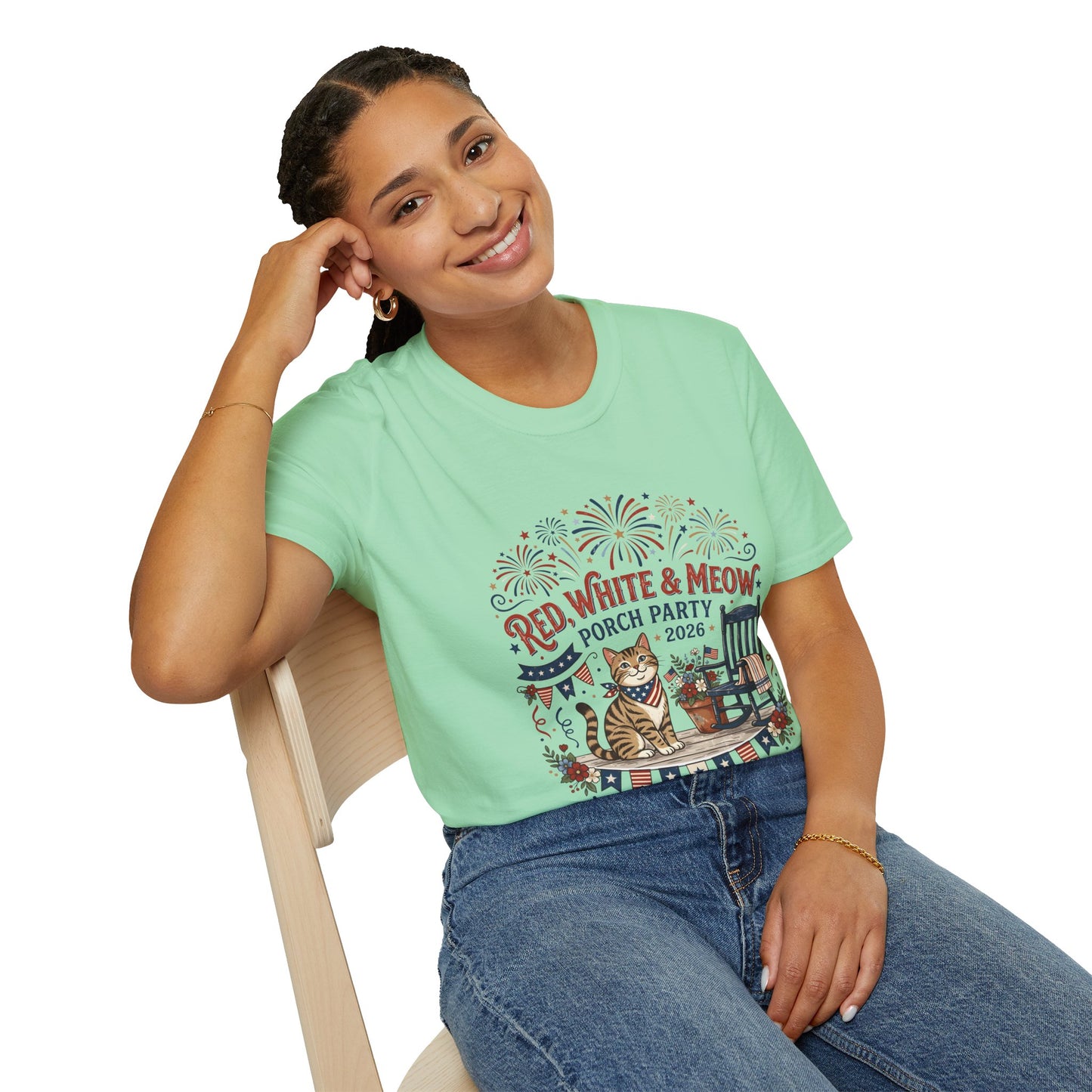 Red, White & Meow Porch Party T-Shirt — 2026 Patriotic Cat Tee, 4th of July Shirt, Independence Day Gift