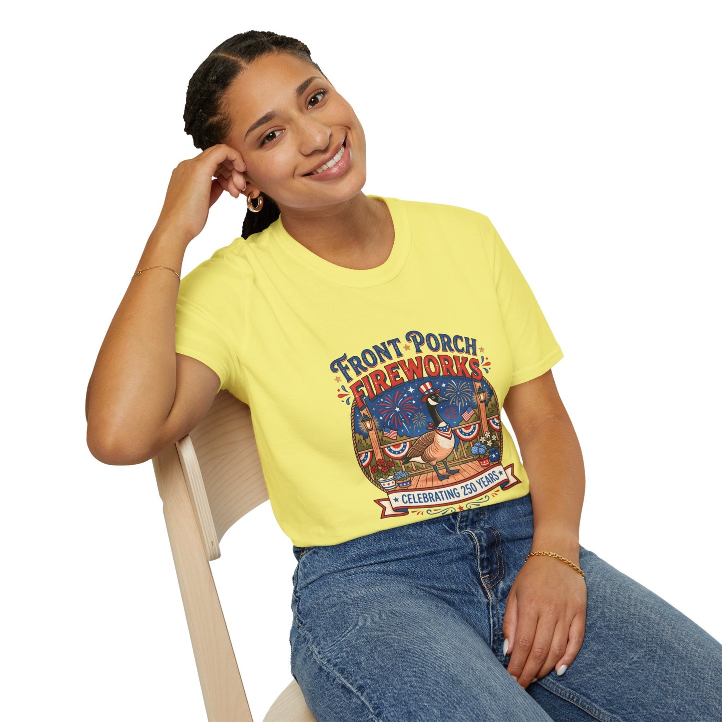 Front Porch Fireworks, Goose T-Shirt — Patriotic 4th of July Celebration Tee