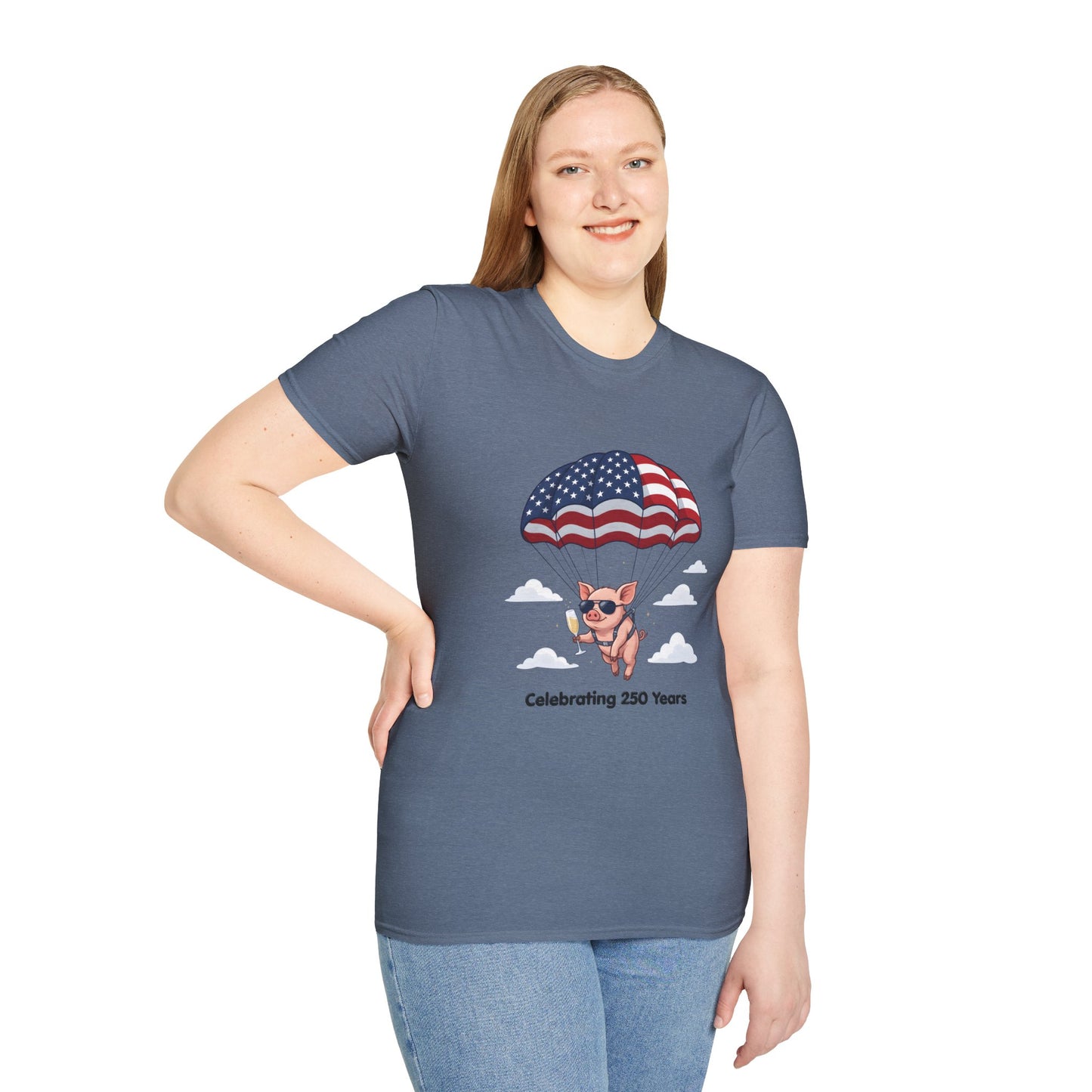 Patriotic Parachuting Piglet T-shirt - “Celebrating 250 Years”