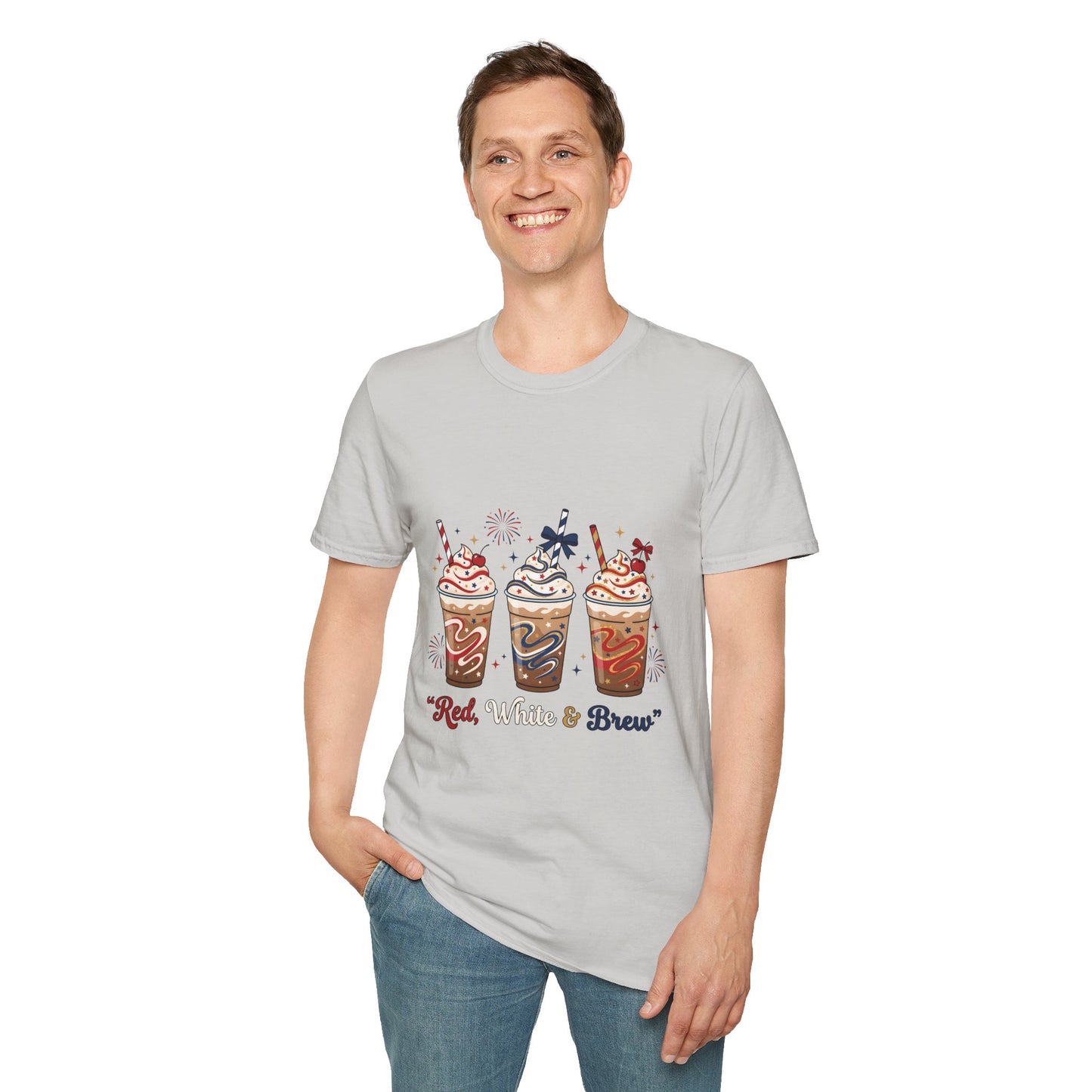 Patriotic Iced Coffee Tee — "Red, White & Brew" Graphic T‑Shirt