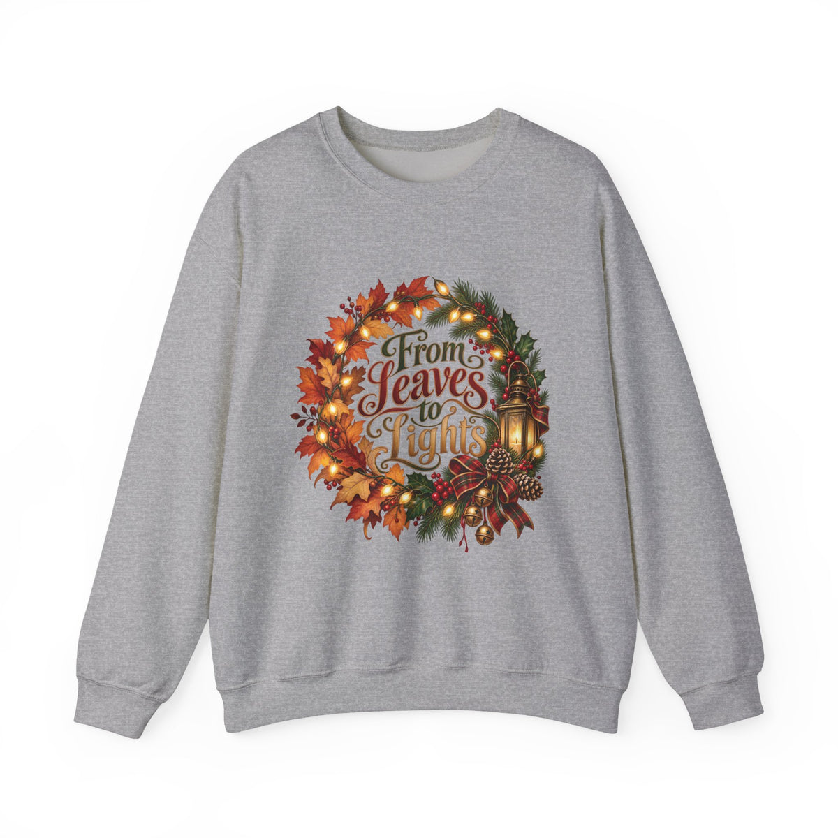 Christmas Crewneck Sweatshirt — "From Leaves to Lights" Autumn to Holiday Wreath Design