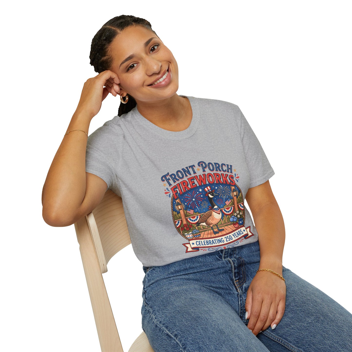 Front Porch Fireworks, Goose T-Shirt — Patriotic 4th of July Celebration Tee