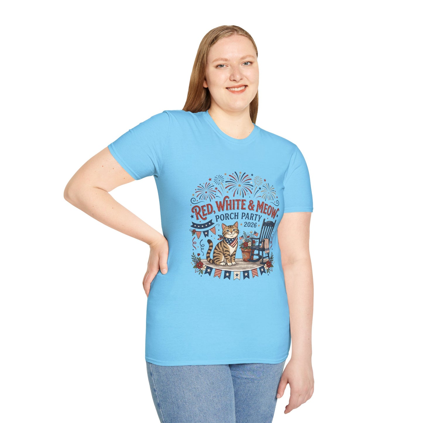 Red, White & Meow Porch Party T-Shirt — 2026 Patriotic Cat Tee, 4th of July Shirt, Independence Day Gift
