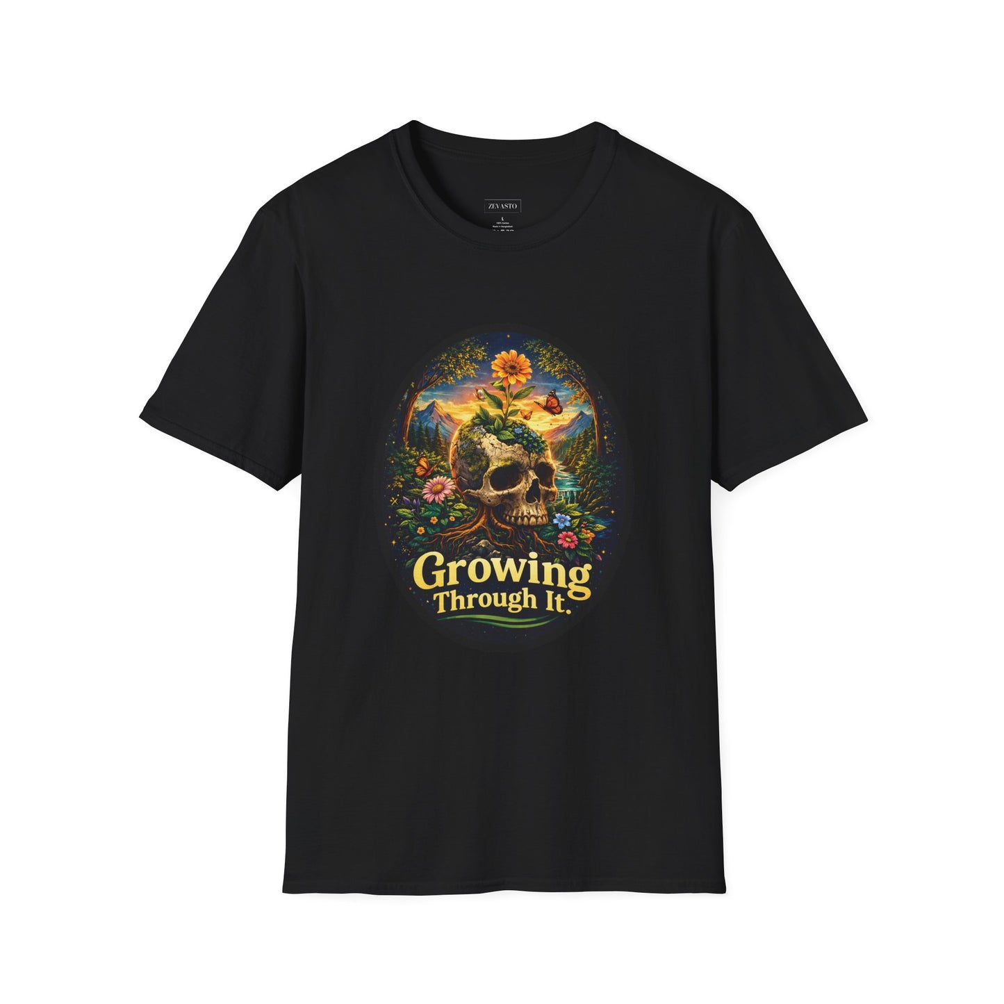 Growing Through It T-Shirt – Earth Day Nature Skull Graphic Tee | Mental Growth & Healing Shirt | Botanical Aesthetic Unisex Tee