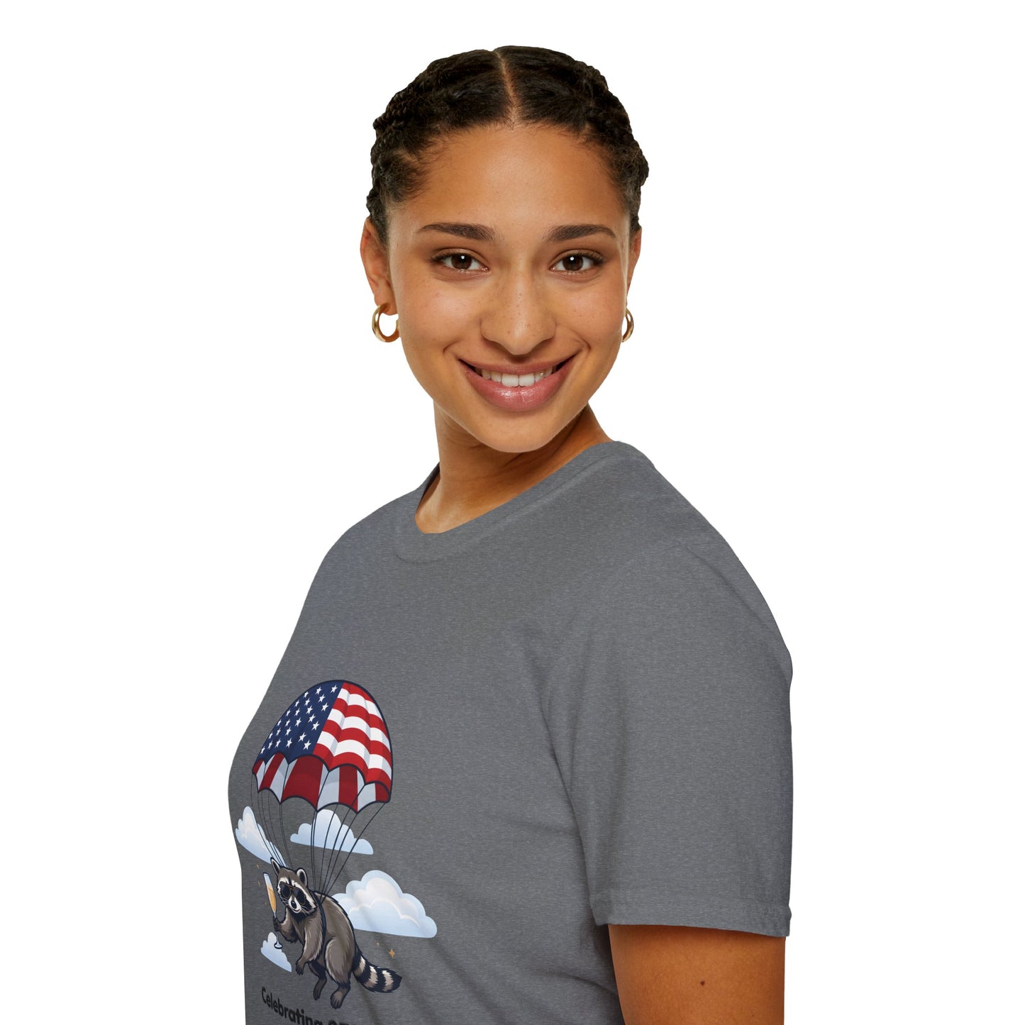 Patriotic Parachuting Raccoon T-Shirt — "Celebrating 250 Years"