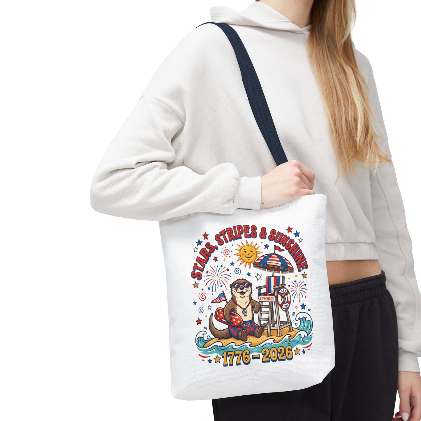 Stars, Stripes & Sunshine Tote Bag — 1776–2026 Patriotic Summer Beach Tote, 4th of July Tote